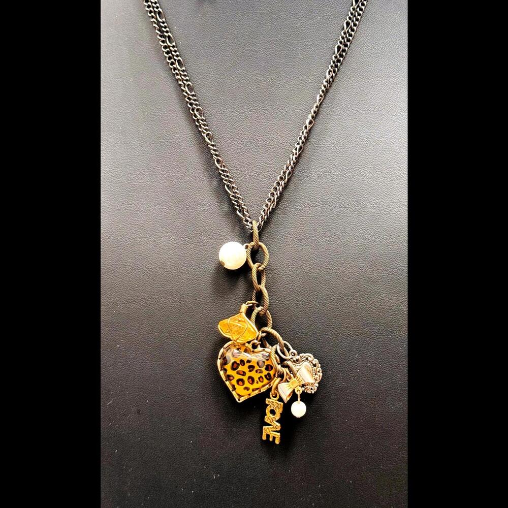 VINTAGE DOUBLE GUN METAL TONE CHAIN WITH MULTIPLE CHARMS NECKLACE